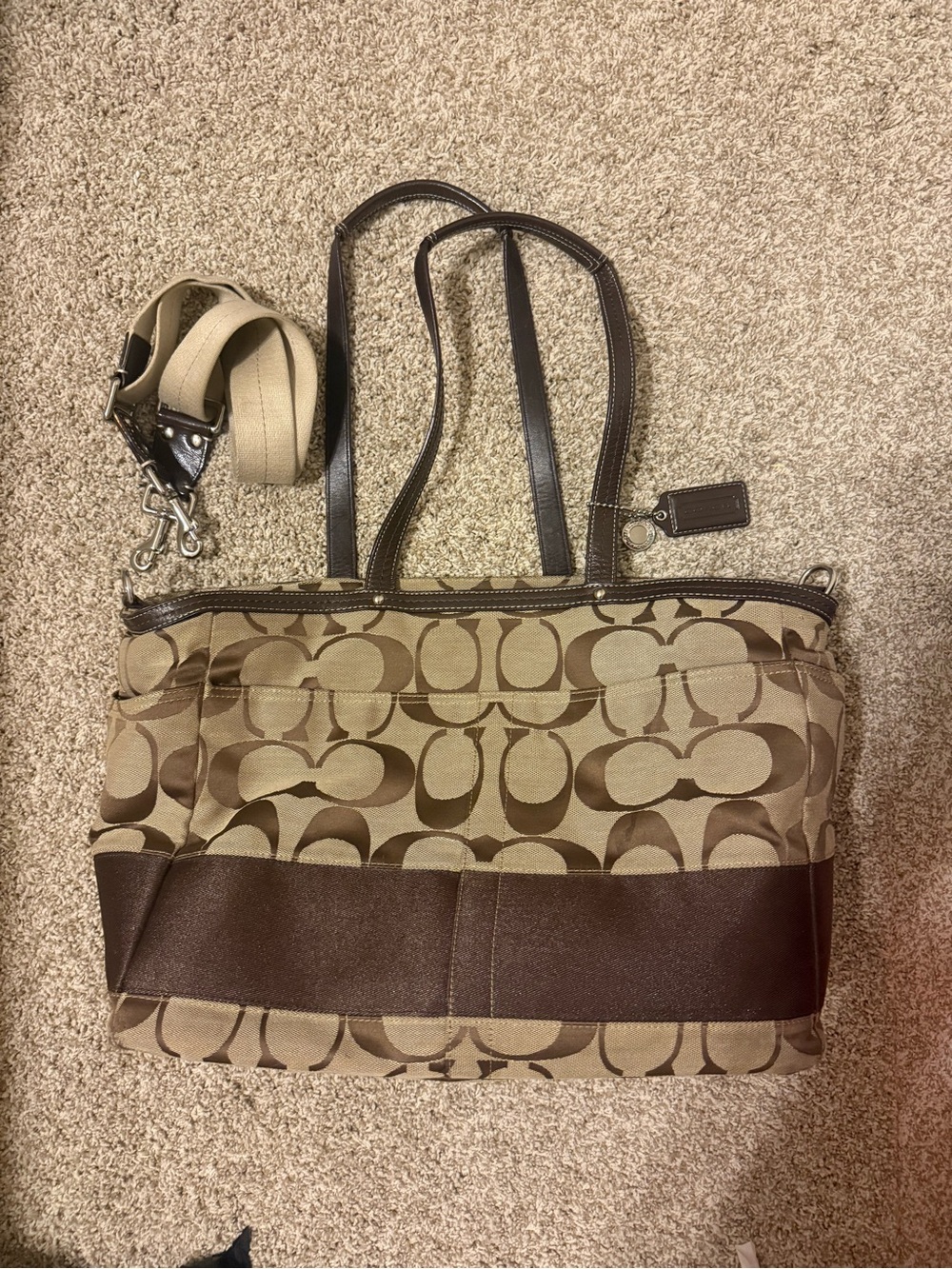 Y2K Coach Brown Signature Canvas Shoulder Bag with Leather Trim / XL DIAPER BAG
